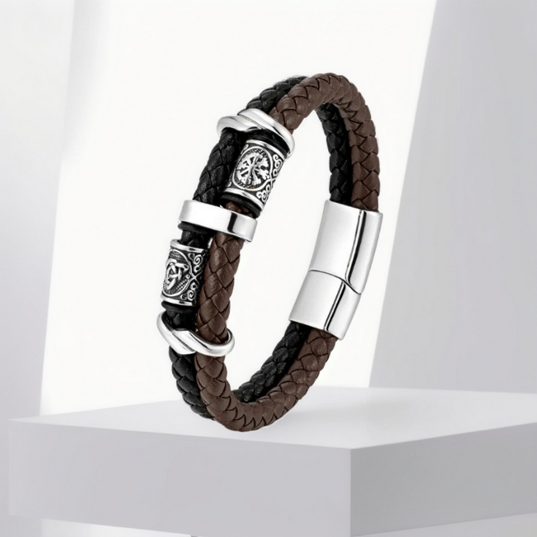 Handmade Leather Viking Double-Layer Beaded Bracelet With Zinc Alloy Components