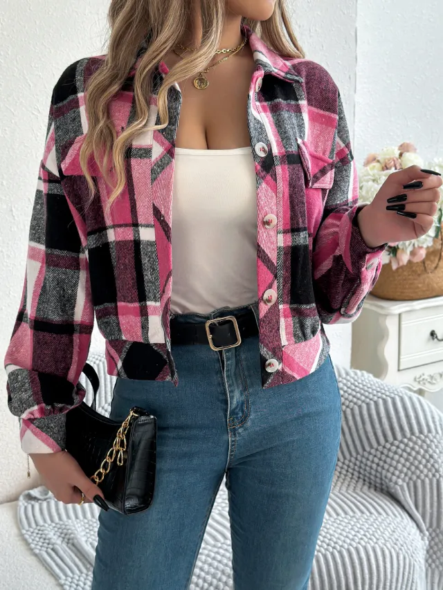 Plaid Faux Pocket Long Sleeve Woolen Cloth Jacket Coat Rose Red - Shop at LoveMi