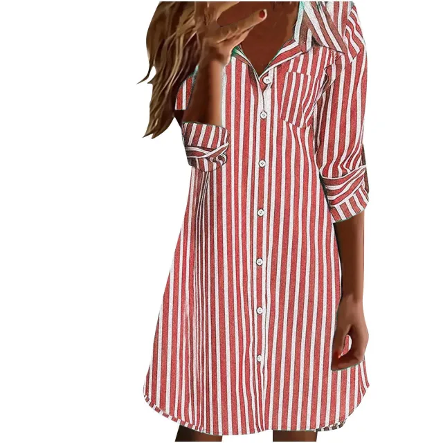 European And American Style Women Striped Button Shirt Casual Long Sleeve Red - Shop at LoveMi