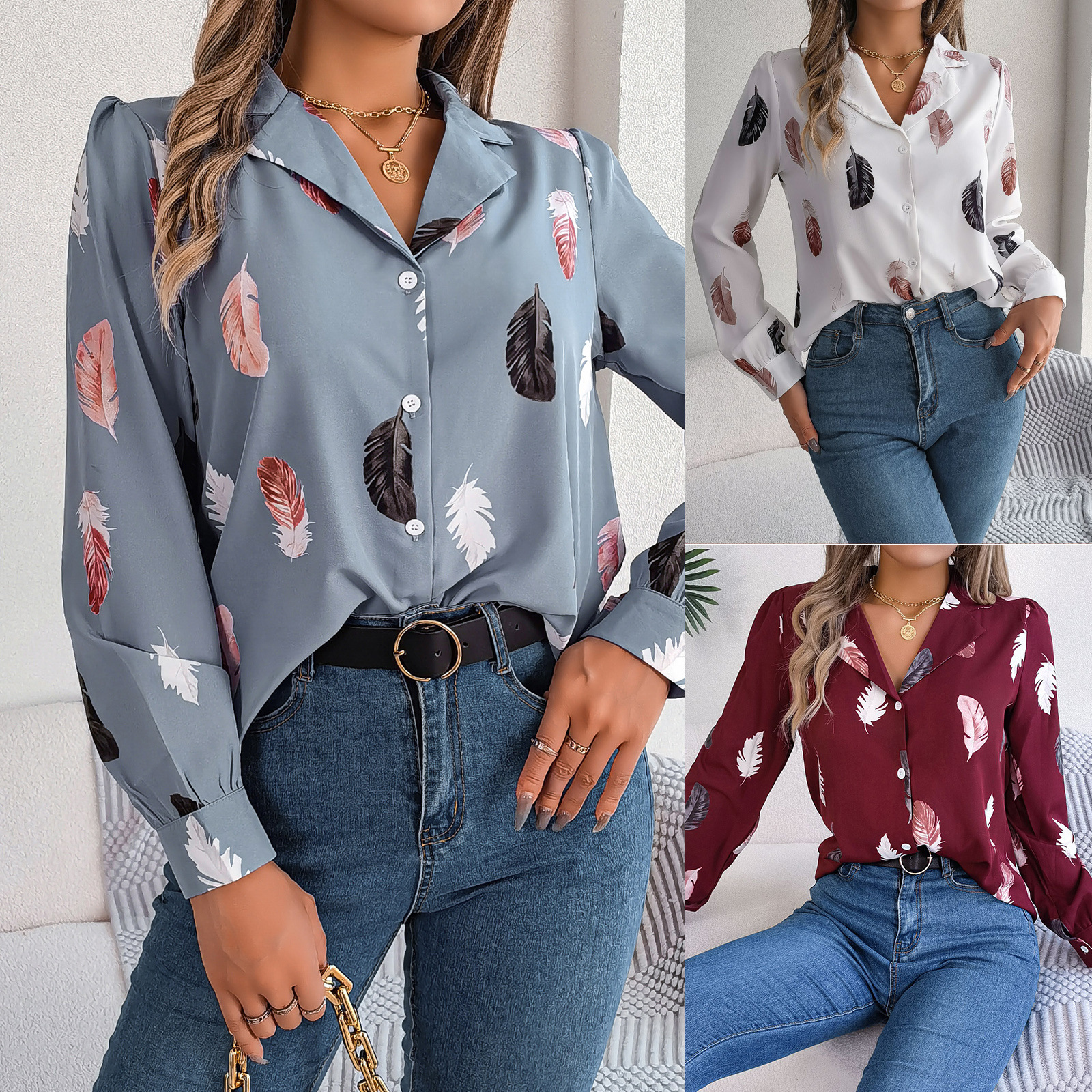 Elegant Feather-Print Blazer Collar Long-Sleeve Shirt