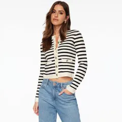 Comfort And Casual Long Sleeve Striped Button Top - Apricot Black - View 1