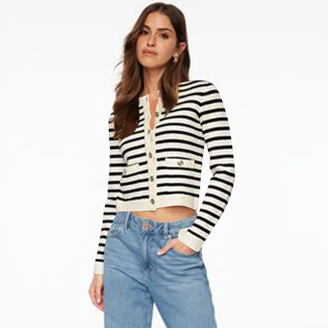 Comfort And Casual Long Sleeve Striped Button Top Apricot Black - Shop at LoveMi
