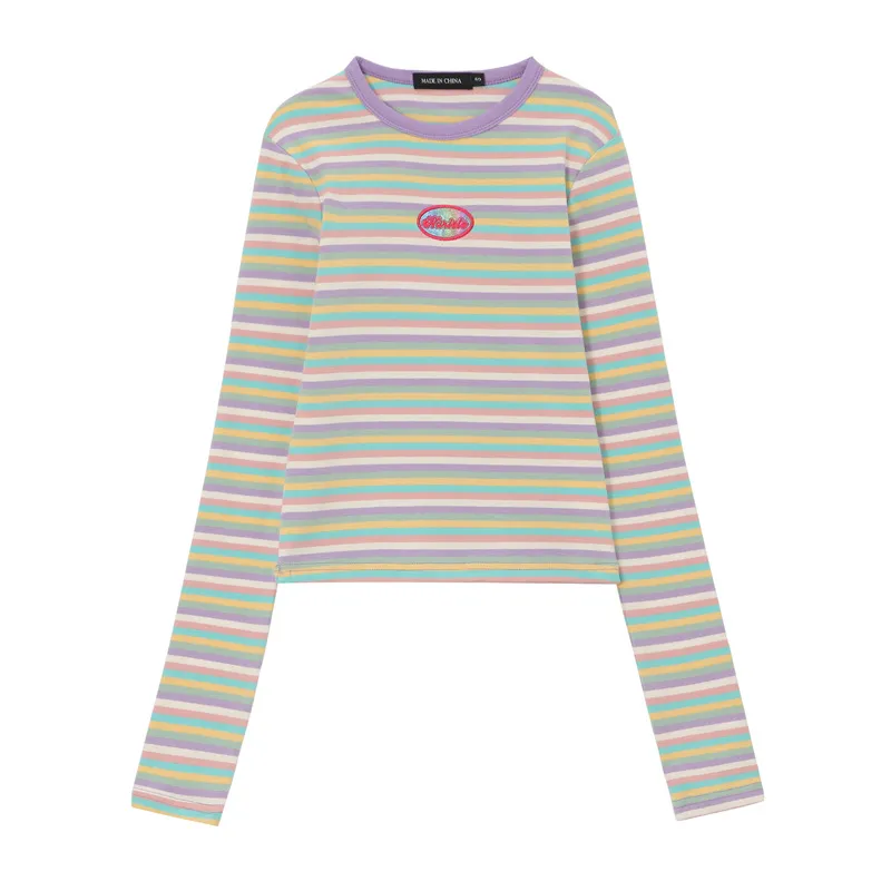 Laser Embroidered Patch New Slim-fit Fashionable Color Striped Bottoming Shirt - Purple