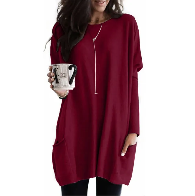 New Autumn Long Sleeve Casual Pocket T shirt Top For Women Wine - Shop at LoveMi