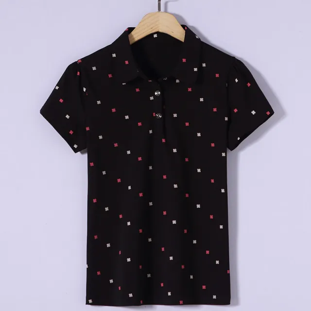 Women's Springsummer Lapel Print All match Polo Shirt Black - Shop at LoveMi