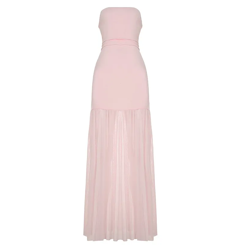 Women's Elegant Mesh Tube Top Dress - Pink