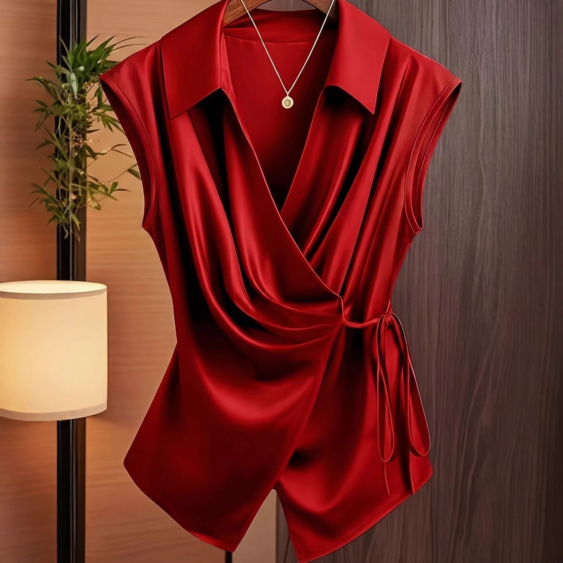 Womens Notched Collar Irregularly Tied Waist Sleeveless Shirt