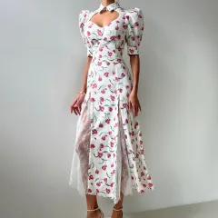 New Summer Design Elegant Lace-embellished, Waist-cinching Maxi Dress - Printing - View 1