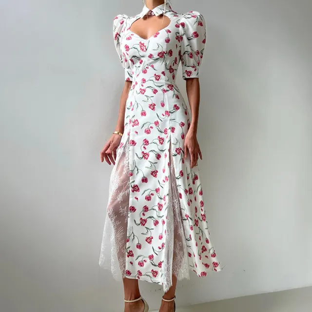 New Summer Design Elegant Lace embellished, Waist cinching Maxi Dress Printing - Shop at LoveMi