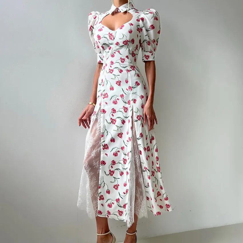New Summer Design Elegant Lace-embellished, Waist-cinching Maxi Dress - Printing