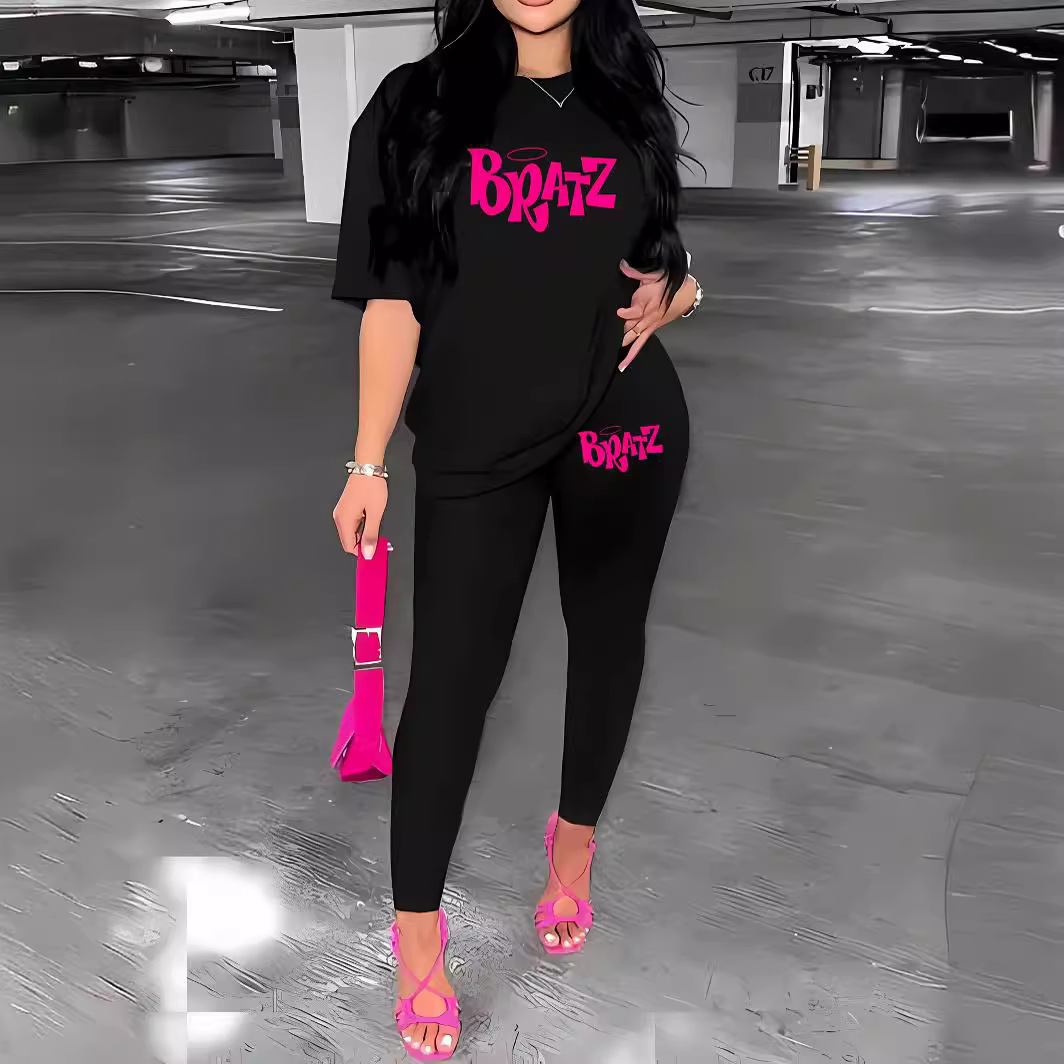 Printed Crew Neck Casual Trousers Short T-shirt Two-piece Set