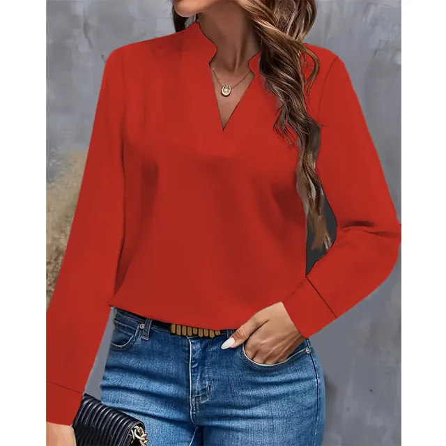 Simple Casual Solid Color And V neck Loose Shirt Women's Top Red - Shop at LoveMi