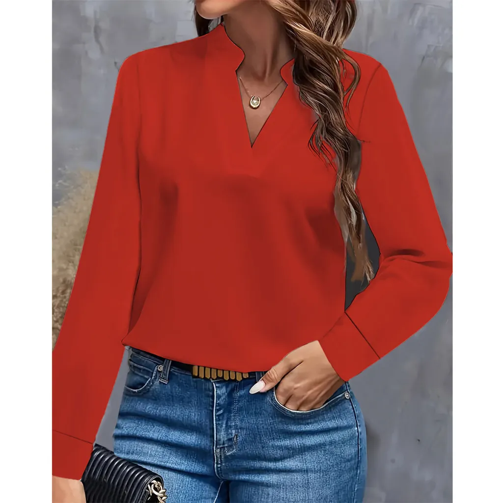 Simple Casual Solid Color And V-neck Loose Shirt Women's Top - Red