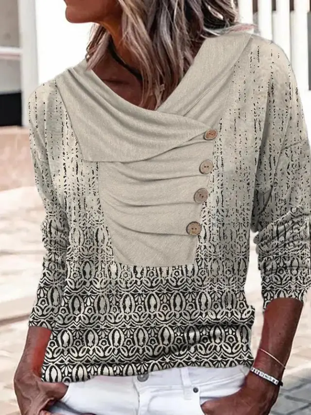 Women's Long sleeved Lapel Button Loose Print T shirt Sweater 1 Style S - Shop at LoveMi