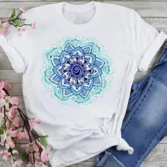 T-shirt Women's Printed Short Sleeve Datura Flower Floral Print White Round Neck - J25605 - View 1
