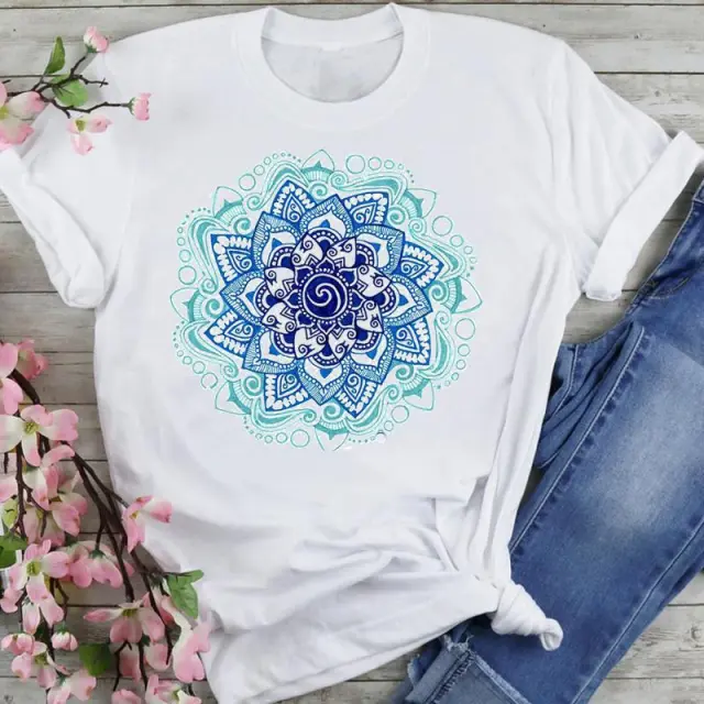 T shirt Women's Printed Short Sleeve Datura Flower Floral Print White Round Neck J25605 - Shop at LoveMi