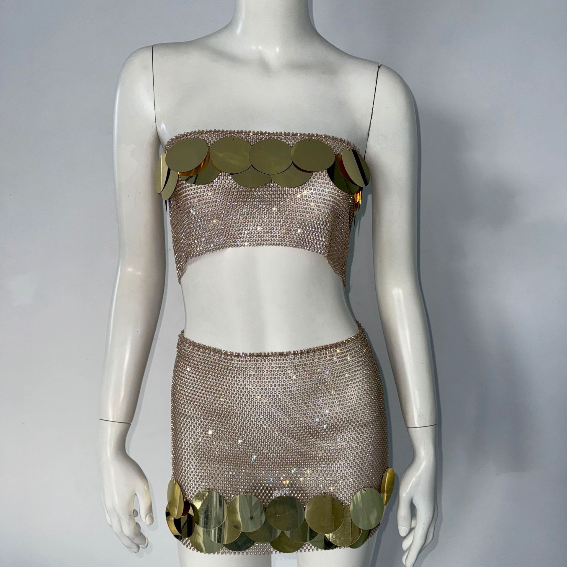 Women's Fishnet Rhinestone Tube Top Skirt Two-piece Set