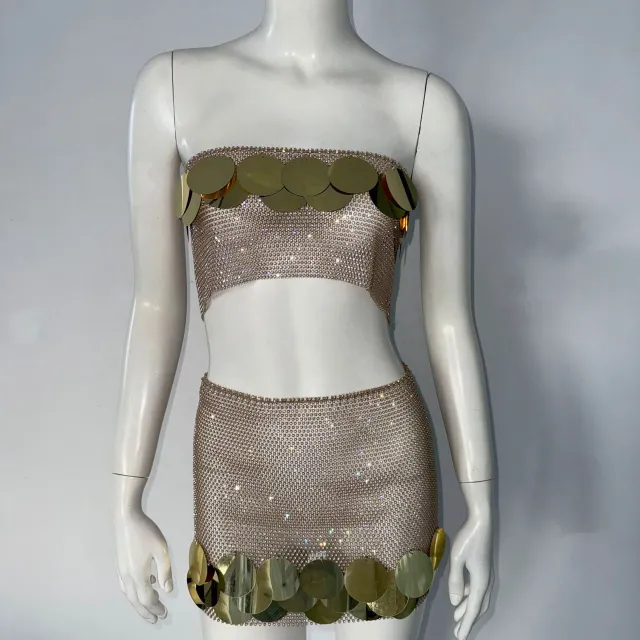 Women's Fishnet Rhinestone Tube Top Skirt Two piece Set Gold - Shop at LoveMi