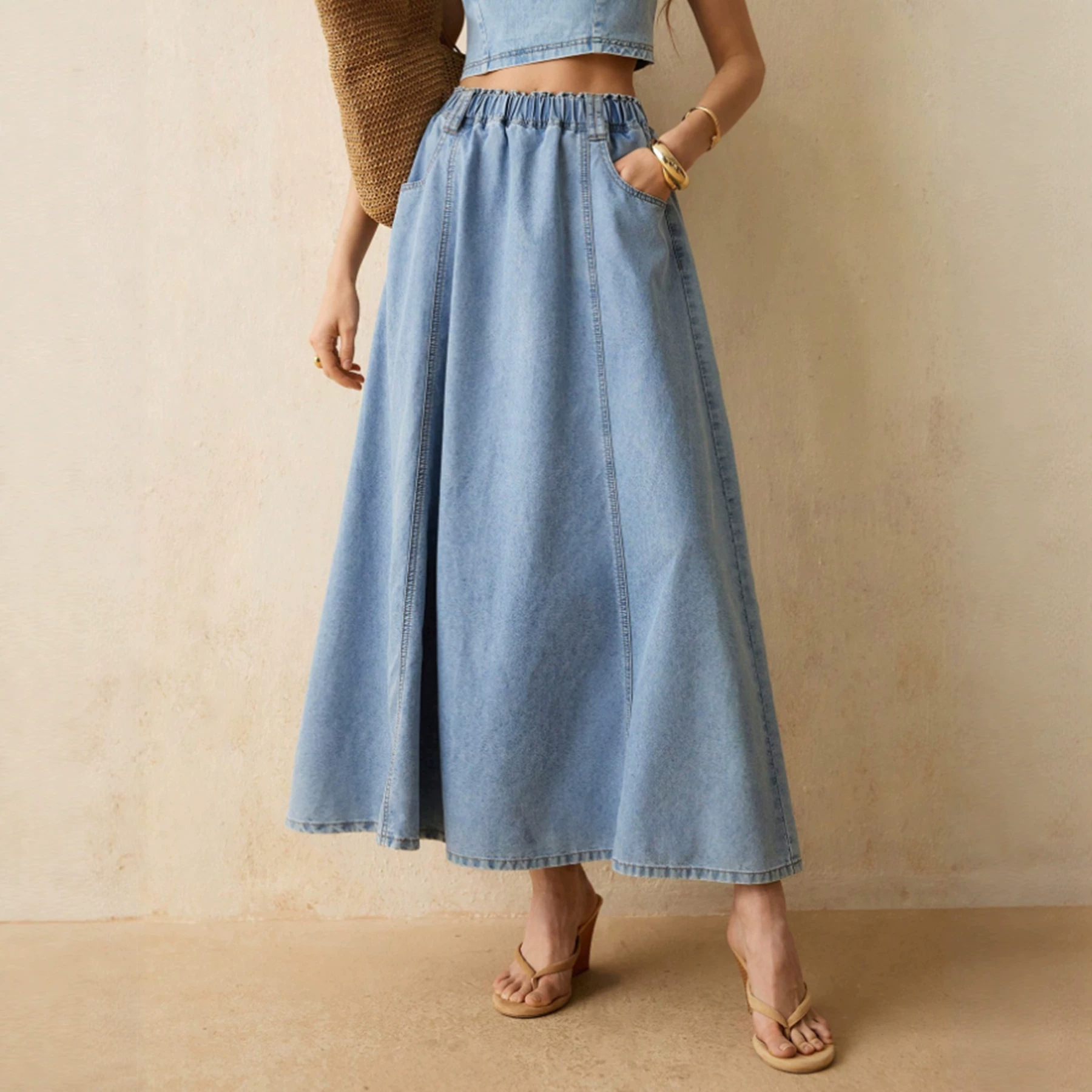 Womens Washed Loose Casual Denim Skirt With Elastic Waist And Flared Hem
