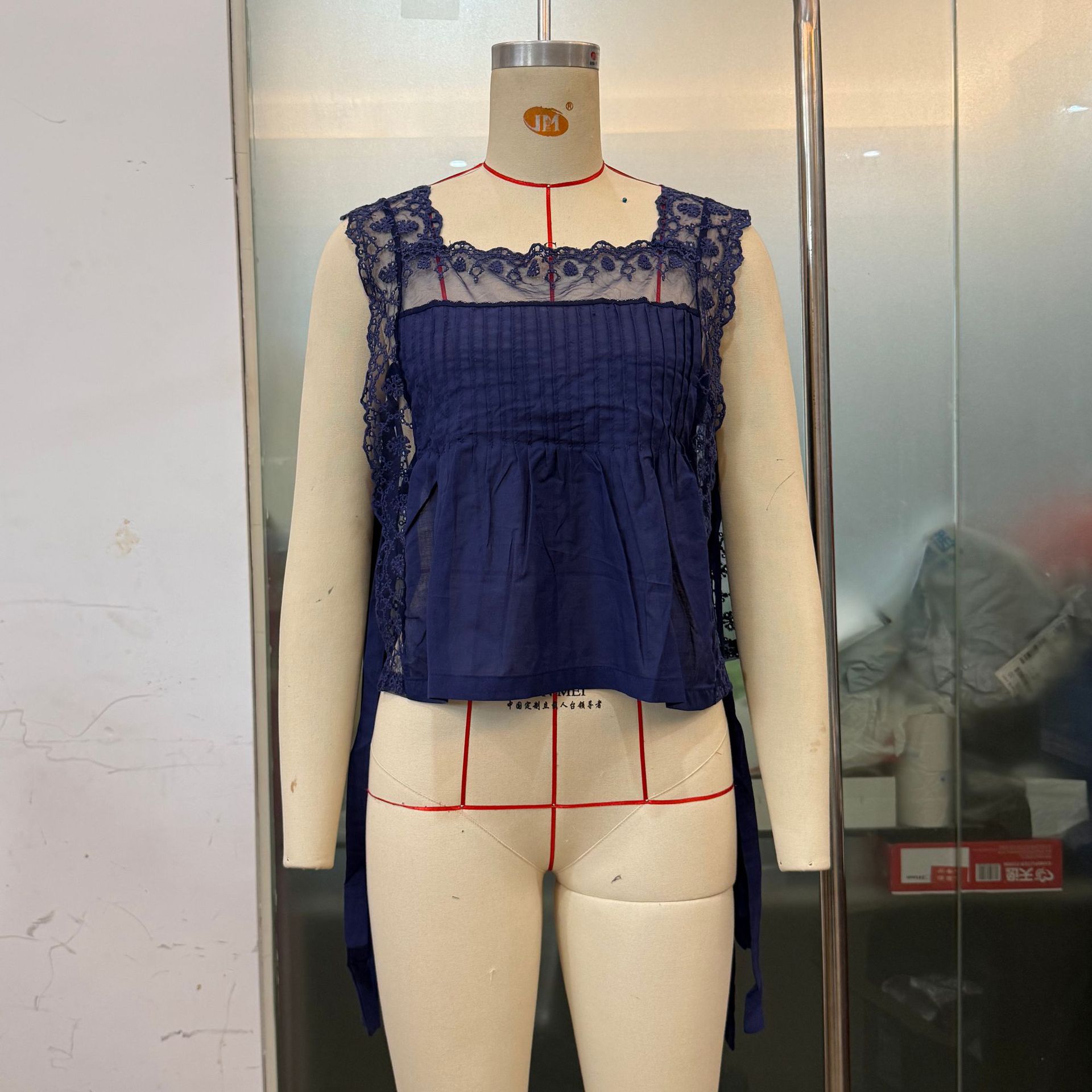 Mesh Outerwear Stitching Sweet Lace Shirt Side Lace up Navy - Shop at LoveMi