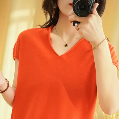 Womens Cotton linen V neck Short sleeve T shirt In Solid Colors Orange - Shop at LoveMi