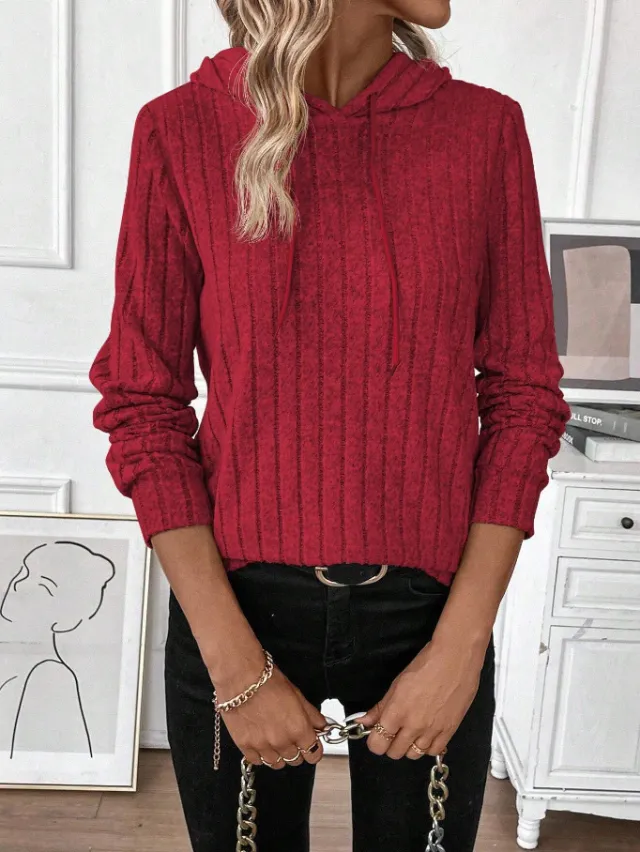 Casual Rib Sunken Stripe Pullover Hooded Long Sleeves Sweater Red - Shop at LoveMi