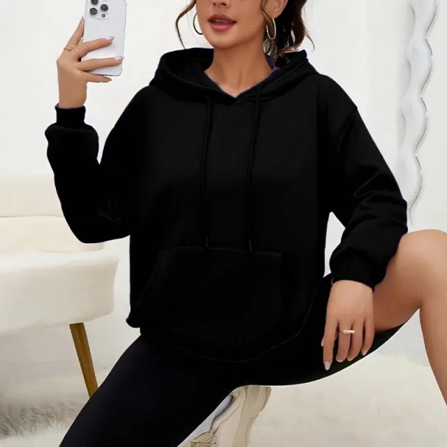 All matching Loose Drawstring Pocket Sweatshirt Long Sleeve Women Black - Shop at LoveMi