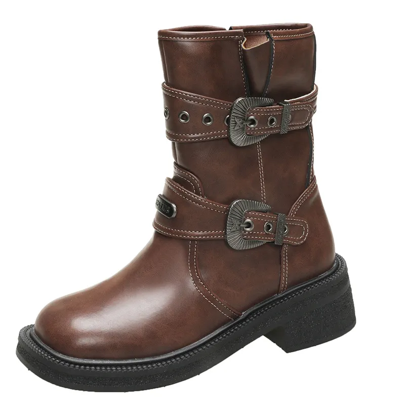 Brown Women's Ankle Boots Retro Square Toe - Brown
