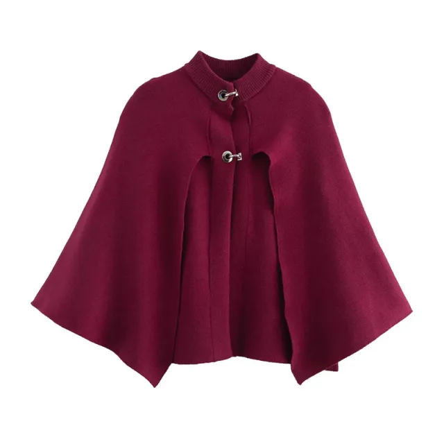Gray Round collar Cape Design Knitted Coat For Women Wine Red - Shop at LoveMi
