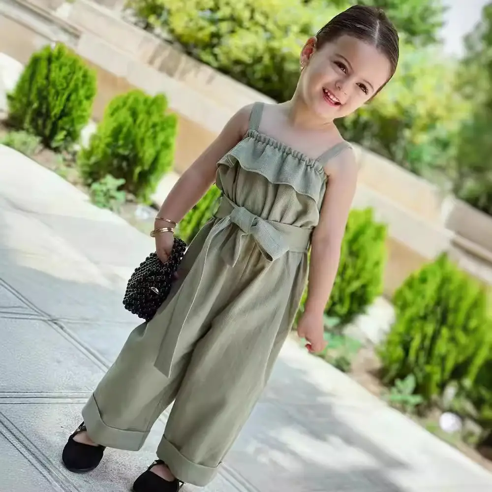 Girls' Cotton And Linen Solid Color Sleeveless Lace-up Waist Jumpsuit Wide-leg Pants Ins