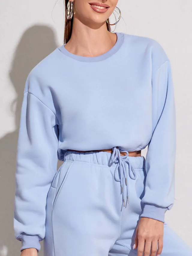 Women's Fashionable Casual Round Neck Waist Sweater Blue - Shop at LoveMi