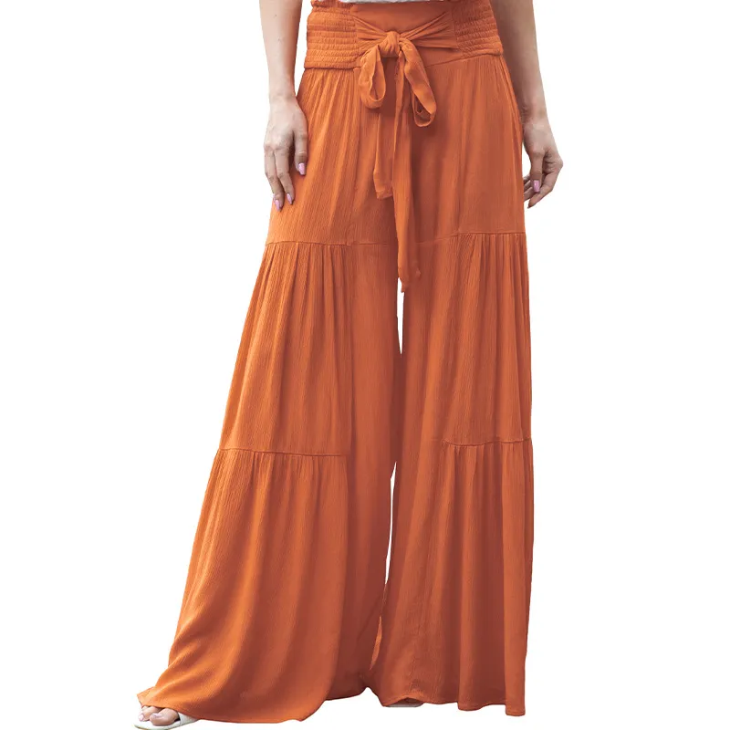 Fashionable Waist Smocking Bundle Trousers For Women - Orange Red