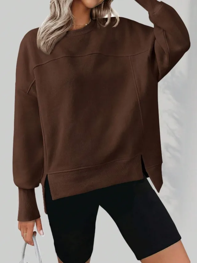 European And American Autumn And Winter Round Neck Long Sleeve Split Casual Loose Sweatshirt Brown - Shop at LoveMi