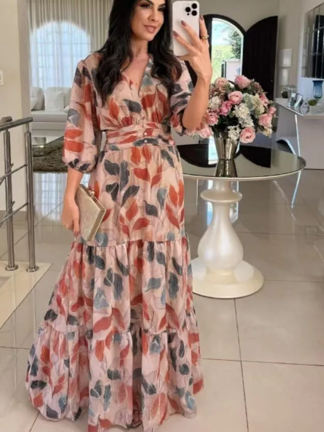 V neck Fashion Elegant Printed Long Dress Pink - Shop at LoveMi
