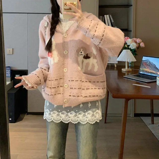 Sweet Cute Hooded Cardigan Sweater Coat Loose And Idle Short Pink - Shop at LoveMi