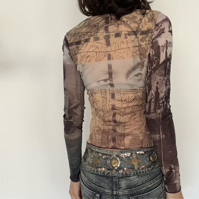 Mesh Vintage Women's Printed Crew Neck Top