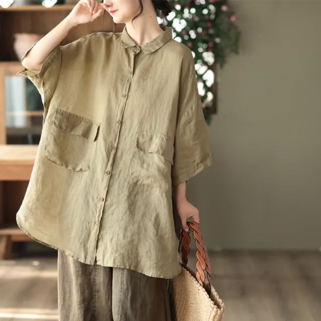 Retro Ramie Shirt Mid length Elegant Top Khaki - Shop at LoveMi