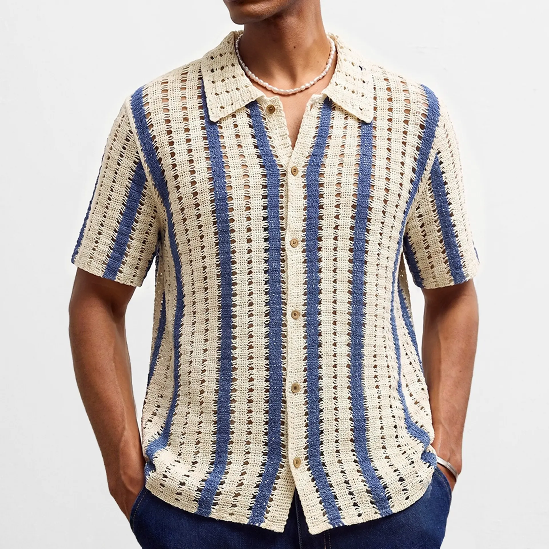 Mens Pure Cotton Hollow-out Crochet Knit Sweater