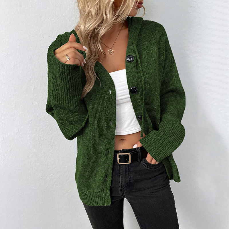 Drawstring Knitted Cardigan Coat Women's Hooded Single breasted Sweater Army Green - Shop at LoveMi