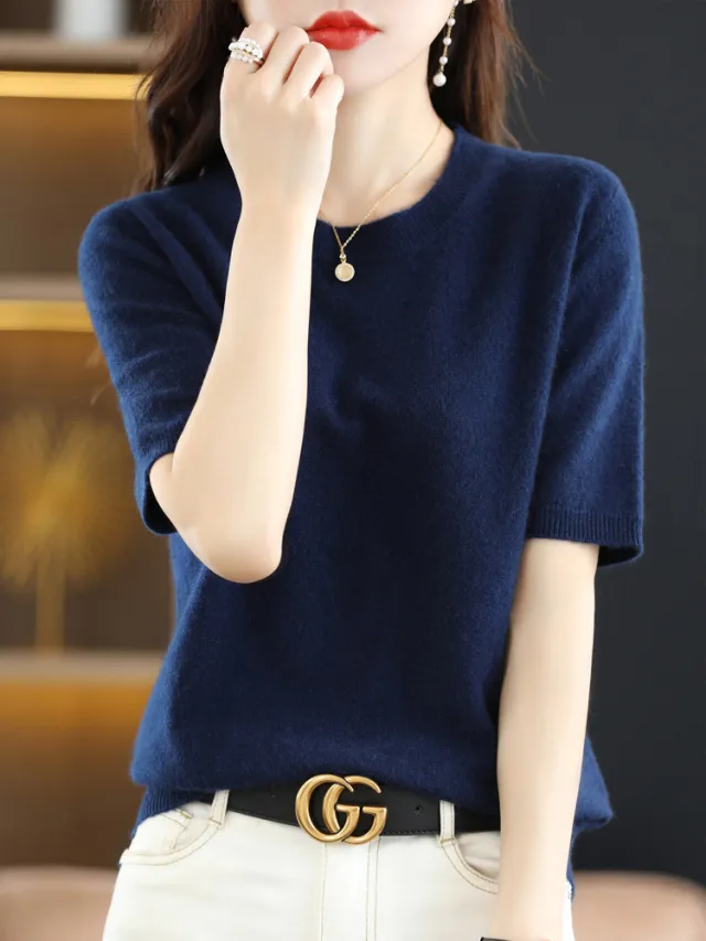 Knitted Short Sleeve Loose T shirt Inner Wear Sweater Non cashmere Bottoming Shirt Seaweed Blue - Shop at LoveMi