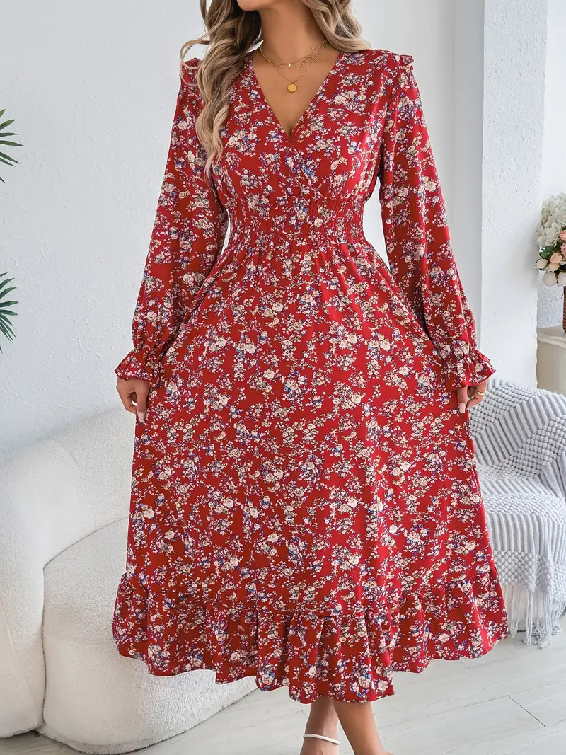 Elegant Floral Cross V-neck Waist Trimming Ruffles Long Dress