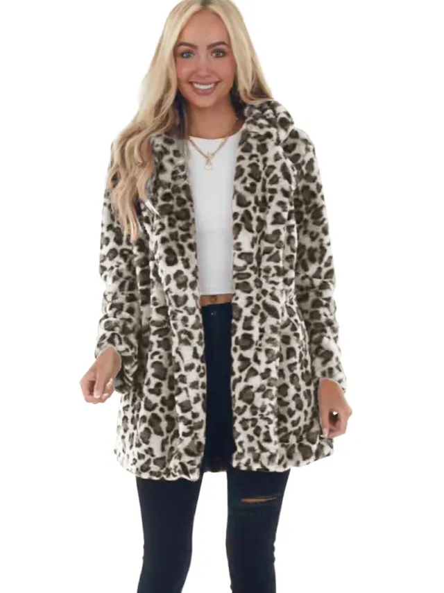 Rabbit Fur Leopard Print Mid length Clothing Fashionable Jacket Apricot - Shop at LoveMi