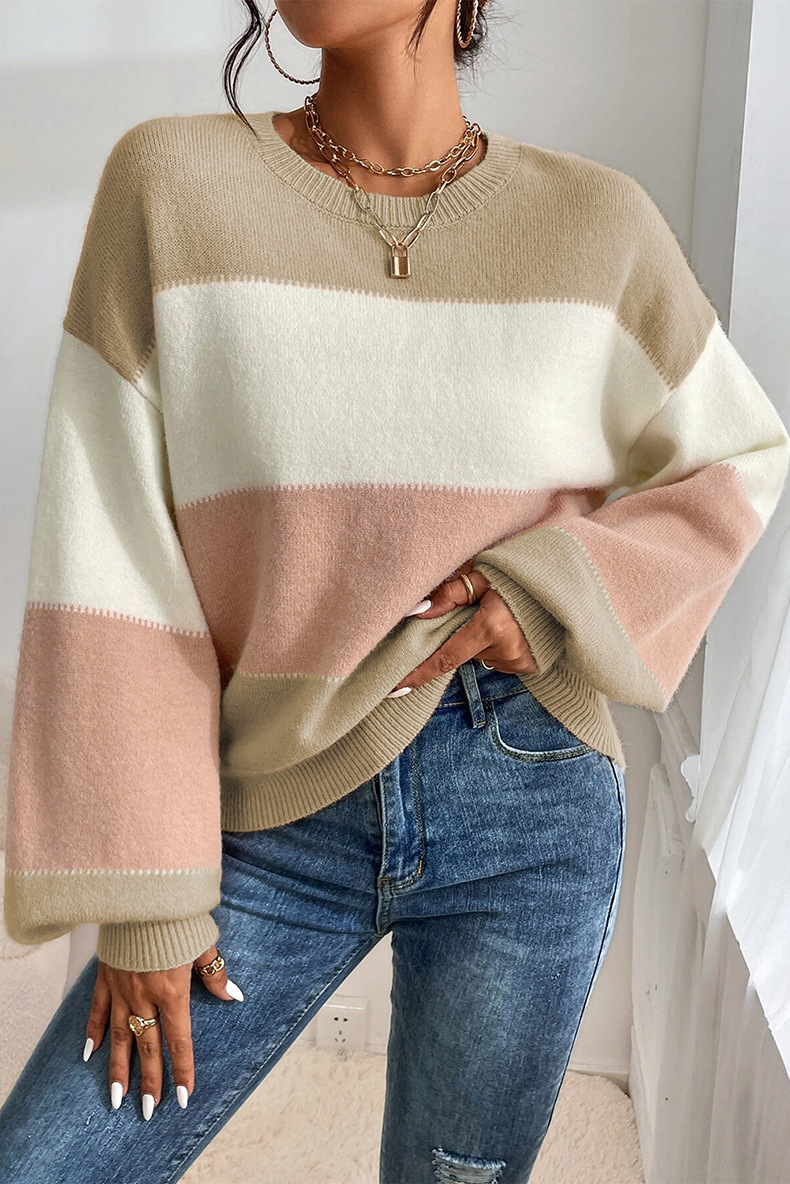 Title 2, Color-block Crew Neck Sweater Casual Loose Shou...