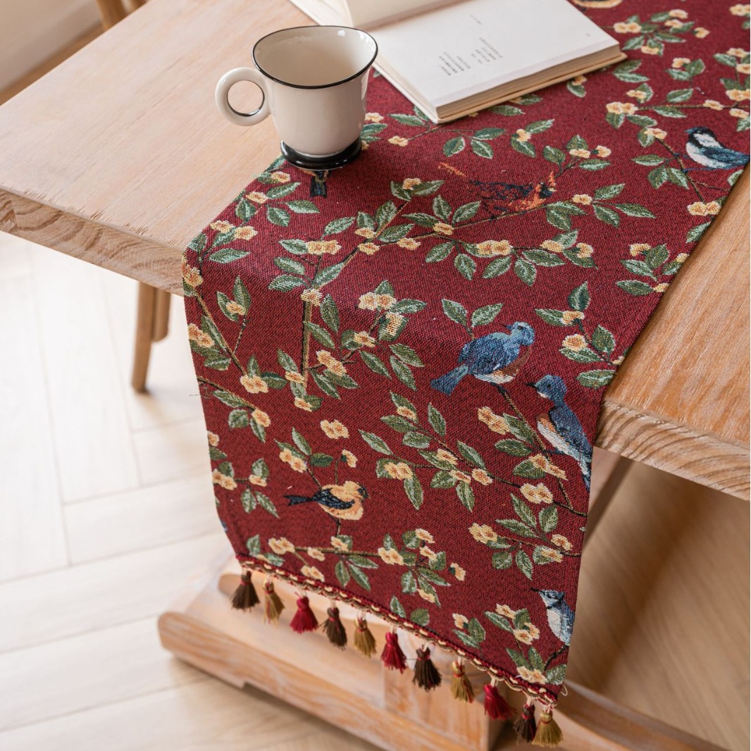 Nordic Jacquard Red Holiday Geometric Table Runner Tassel Tea Table Mat Dinner Flag