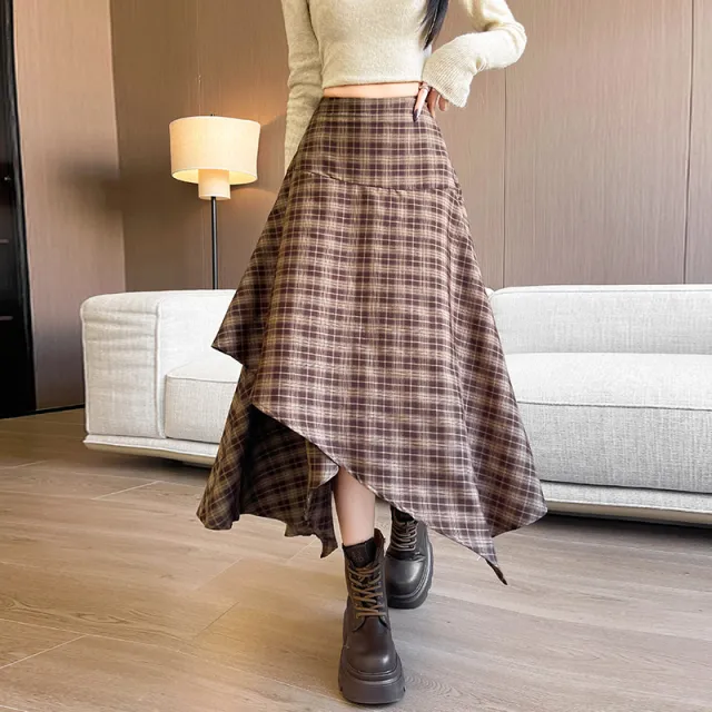 Irregular Women's Autumn And Winter New Plaid High Waist Slimming Skirt Coffee - Shop at LoveMi