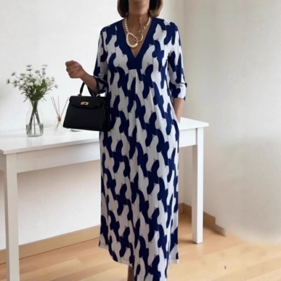 SpringSummer New Womens V-neck Printed Dress