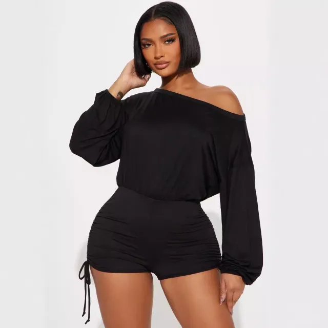 Off shoulder Diagonal Collar Long Sleeve Loose Jumpsuit Women Black - Shop at LoveMi