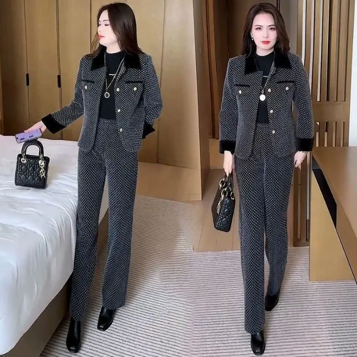 Short Coat Wide Leg Pants Two-piece Set - Gray