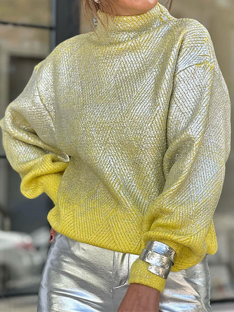 Geometric Pattern Bronzing Turtleneck Pullover Yellow - Shop at LoveMi
