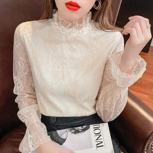 Fashion European Fleece lined Thick Lace Bottoming Shirt Western Style Chiffon Small Shirt For Women Apricot - Shop at LoveMi